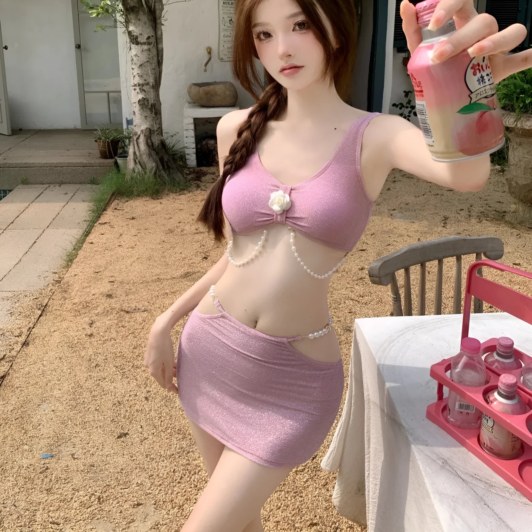 Three-piece bikini swimsuit in pink or black colours with briefs styling and sleeveless design for swimming