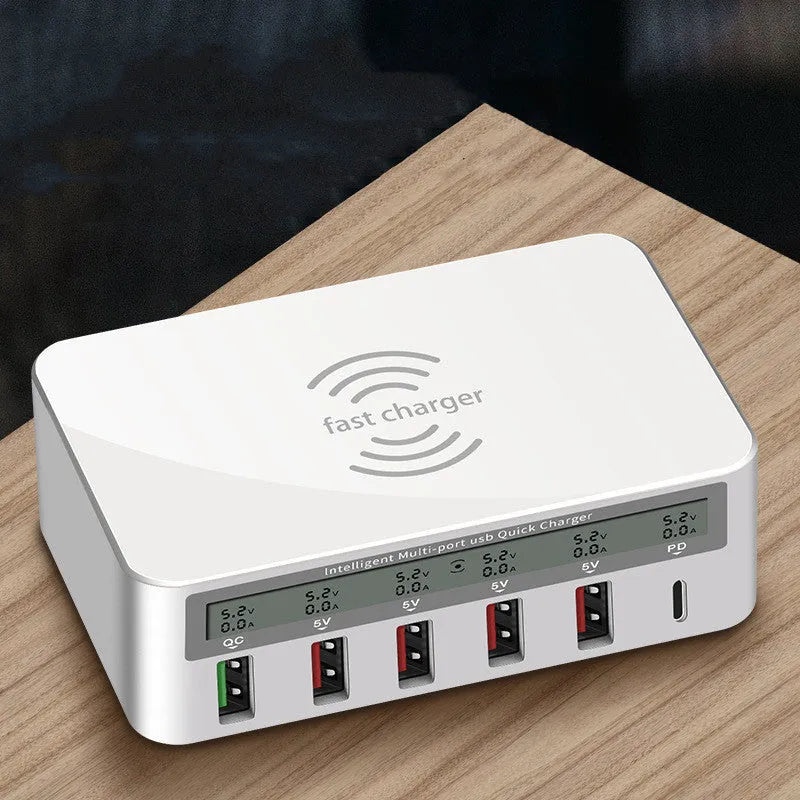 QC30 50W desktop USB charger with six ports, Type-C fast charge, and wireless charging pad, UK plug