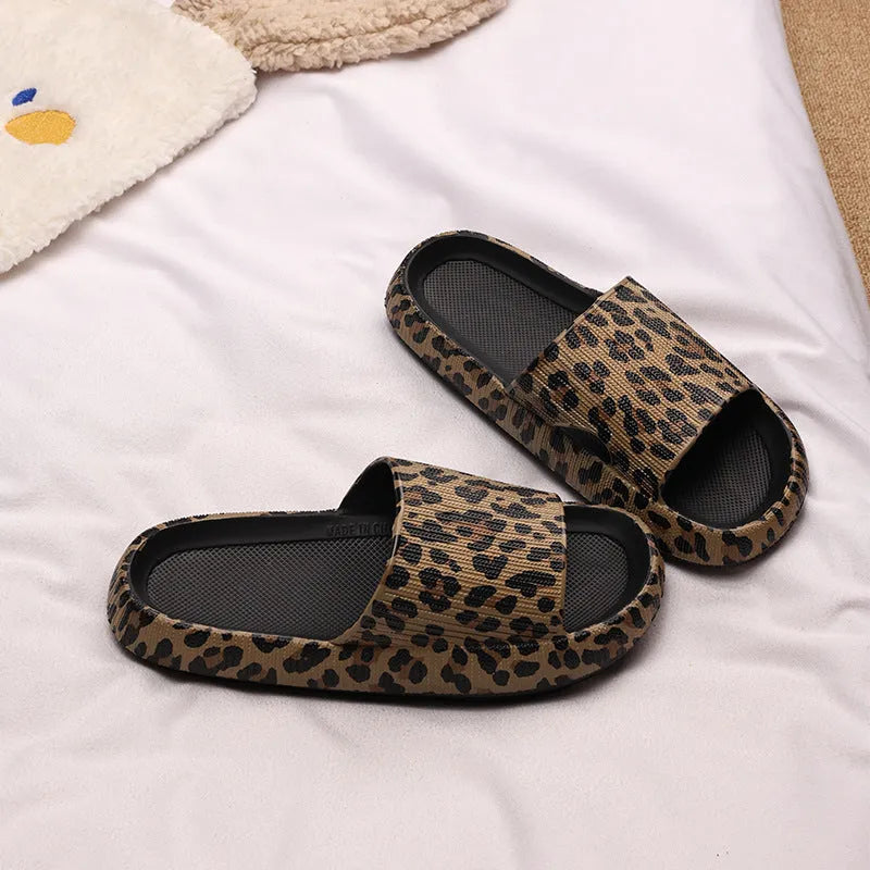 Women's leopard print EVA slippers with thick sole in black, pink, white zebra and khaki animal print colours