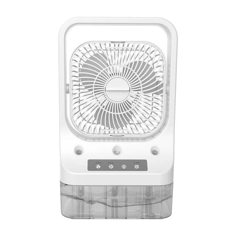 White USB rechargeable cooling fan with three-spray nozzle humidifier and adjustable head