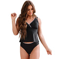 Black women's bikini swimsuit set with matching top and bottom on neutral background