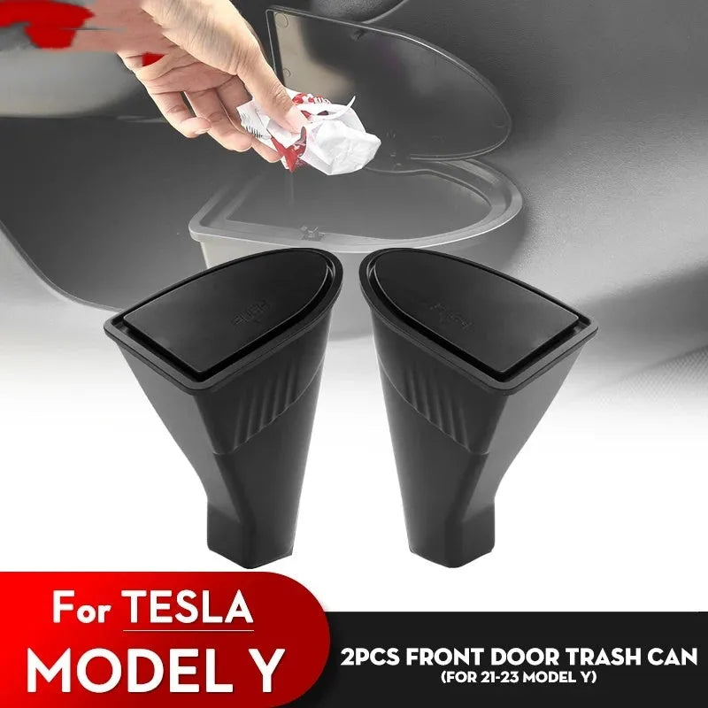 Black ABS plastic car door trash cans for Tesla Model Y front doors, waterproof containers measuring 25.5cm