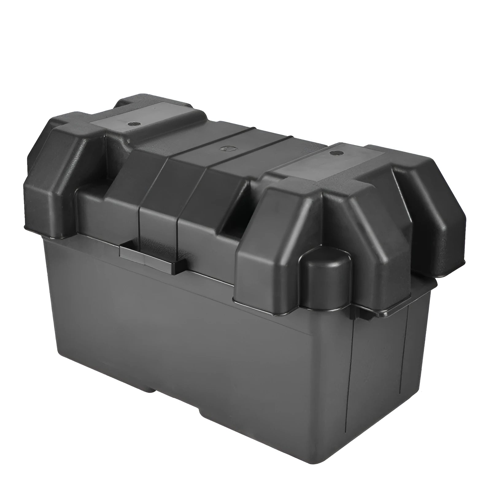 Large black PP plastic battery storage box with strap and base screw fixing, external dimensions 44x24.5x27cm