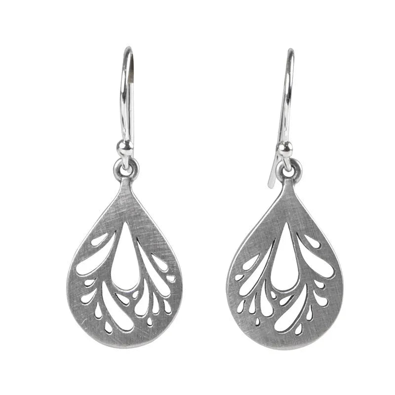 Retro 925 silver hollow water drop shape earrings for women, small stud style with hand ground finish