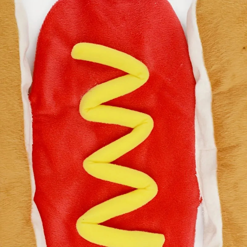 Funny hot dog costume suit on a small dog for pet cosplay and winter clothing.
