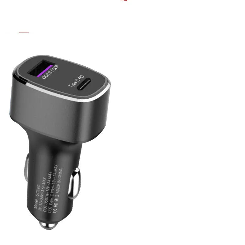 Car charger with dual USB and Type C ports, metal and PC construction, 12-24V fast charging