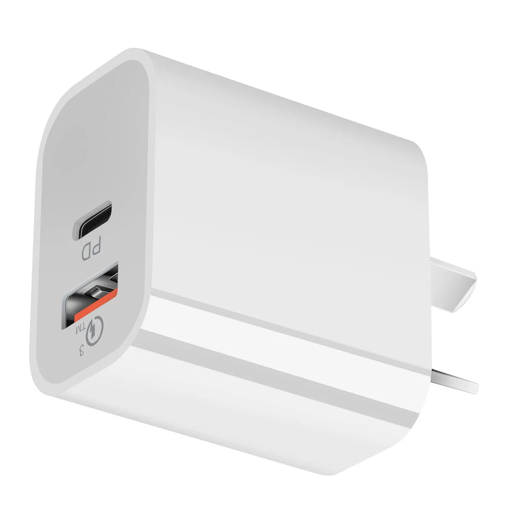 White dual port Australian standard charger with USB-A and USB-C ports, 63x40x22mm, SAA certified