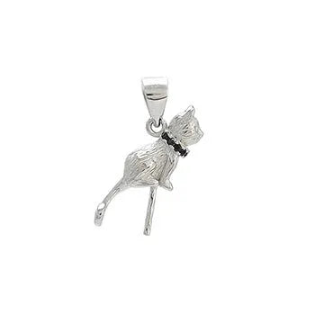 Close-up of a sterling silver cat pendant necklace on a dark background, showing the detailed charm.