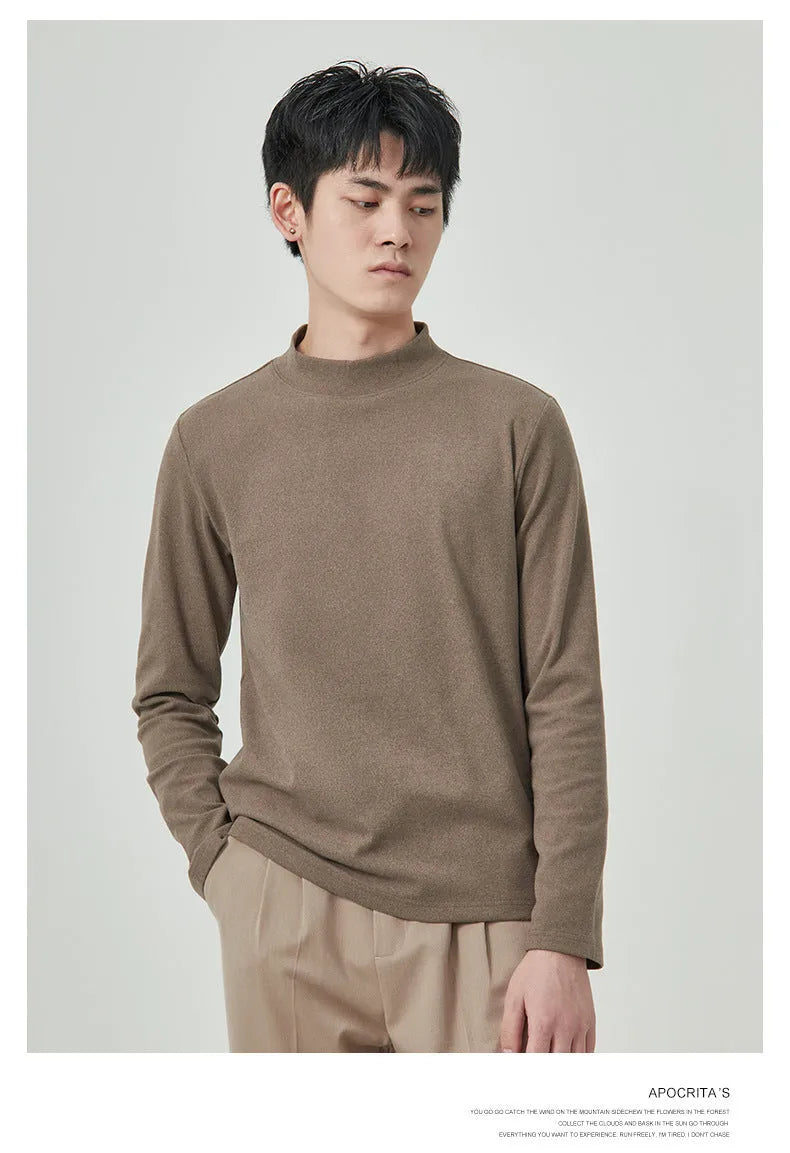 Men's Dralon half-high collar long sleeve T-shirt in solid colour, brown, black, white, milky white, gray options