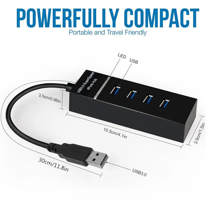 Black 4-port USB 3.0 hub with LED indicators and 29cm cable for desktop PC or laptop