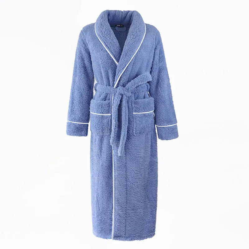 Super thick flannel winter bathrobe for a couple in red and grey, showing plus size fit.