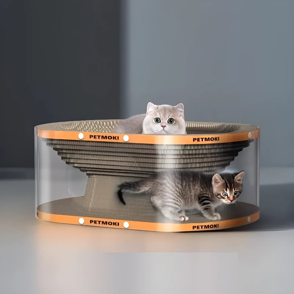 Transparent white diamond-pattern cat scratch board and tunnel nest measuring 58cm long.