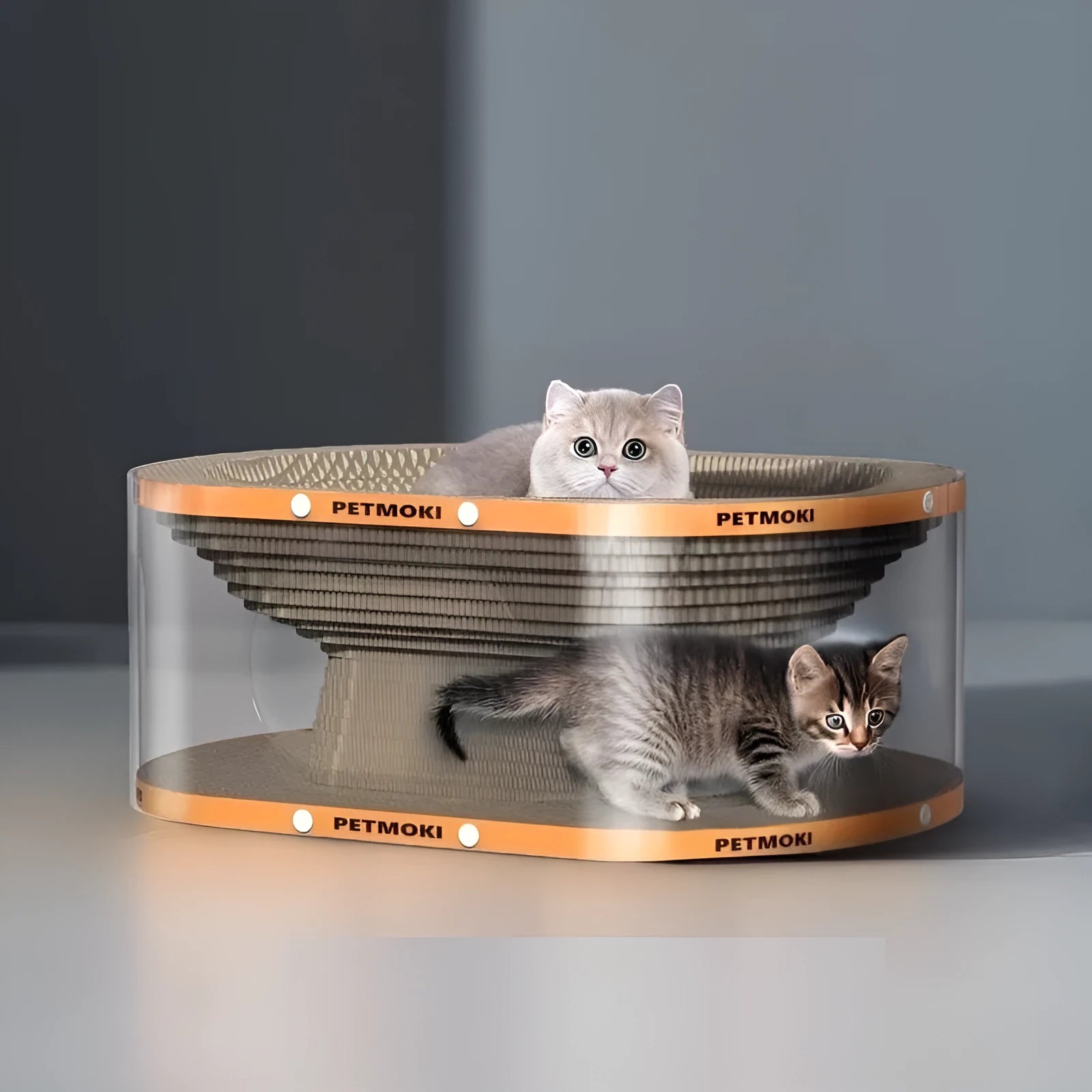 Transparent white diamond-pattern cat scratch board and tunnel nest measuring 58cm long.