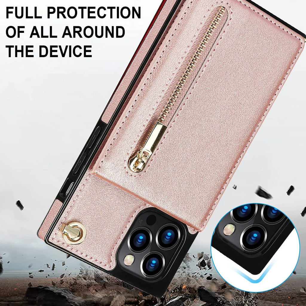 Genuine leather and TPU mobile phone case in solid black, shown on a smartphone.