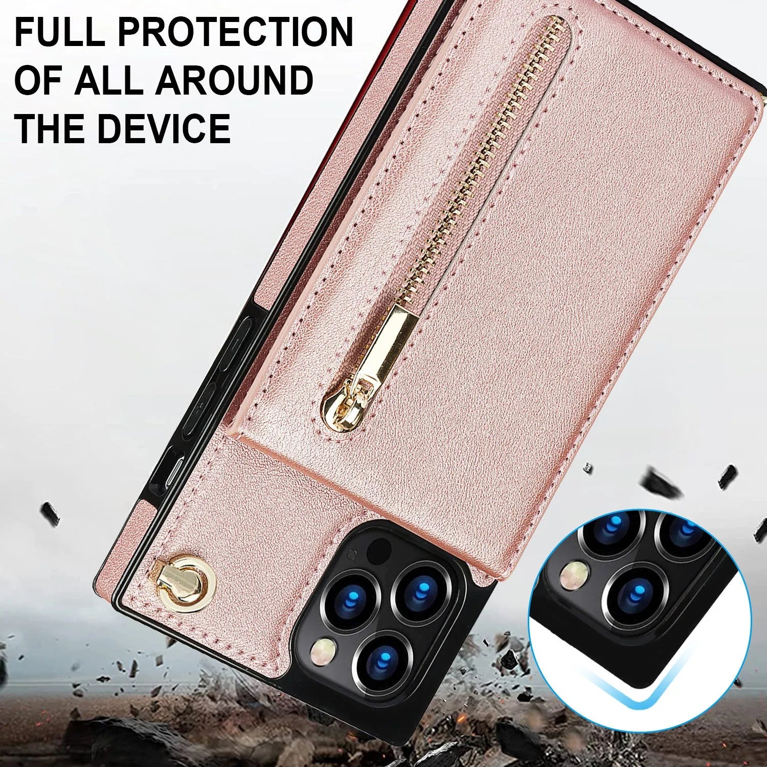 Genuine leather and TPU mobile phone case in solid black, shown on a smartphone.