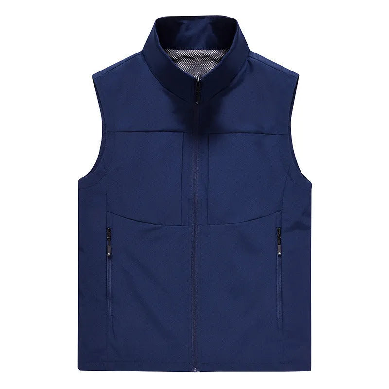 Men's solid colour stand collar polyester vest with zipper pockets in army green on a model