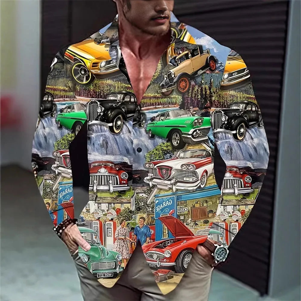 Hawaiian style men's long sleeve shirt with flower pattern, loose fit, polyester fabric
