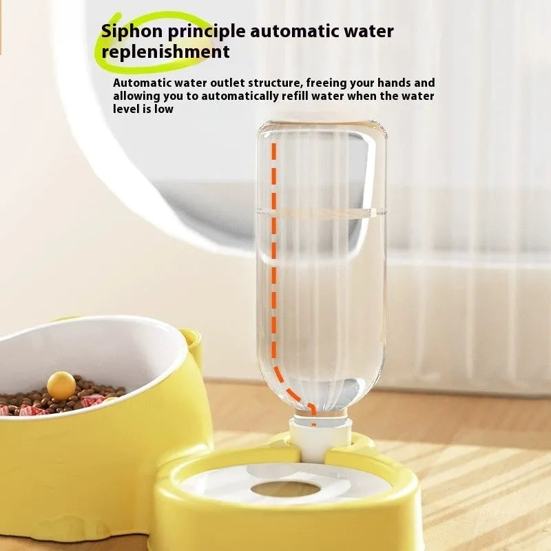 Automatic drinking pet basin with two stainless steel bowls and a ceramic water reservoir in haze blue.