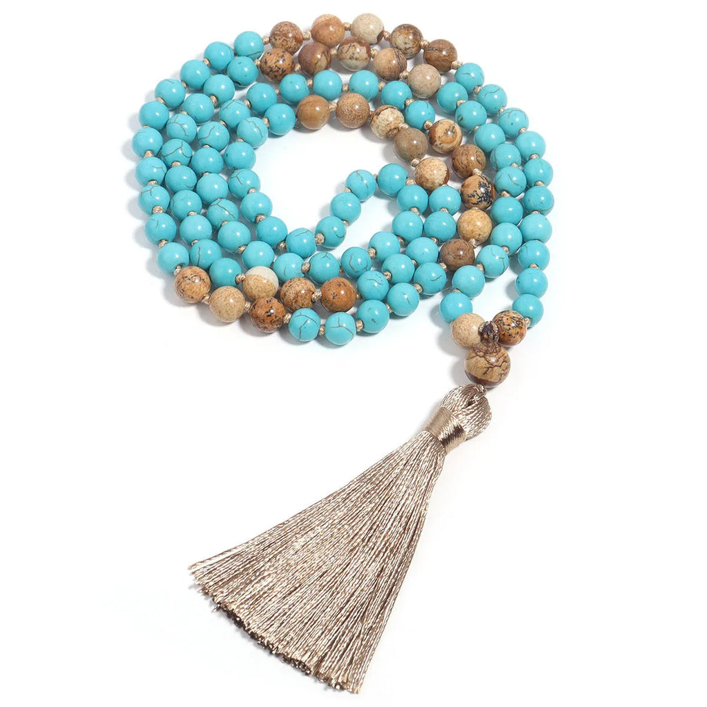 Handmade 108 mala necklace with vintage turquoise painted stone beads in blue pine colour, ball bead chain style, unisex