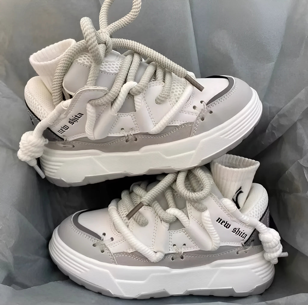 Women's grey thick sole retro platform sneakers with lace-up front and round toe