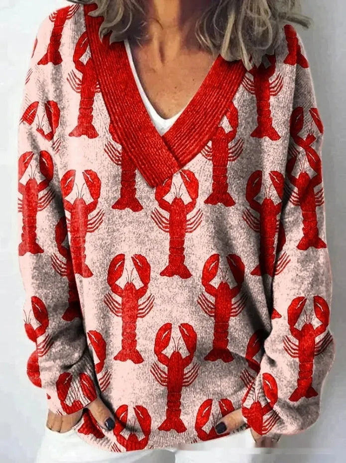 Women's V-neck long sleeve sweatshirt with a 3D floral print in an art retro style.