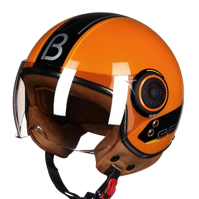 Battery car half helmet in Bright White Red Blue colour, lightweight semi-covered ABS construction, size M to XL