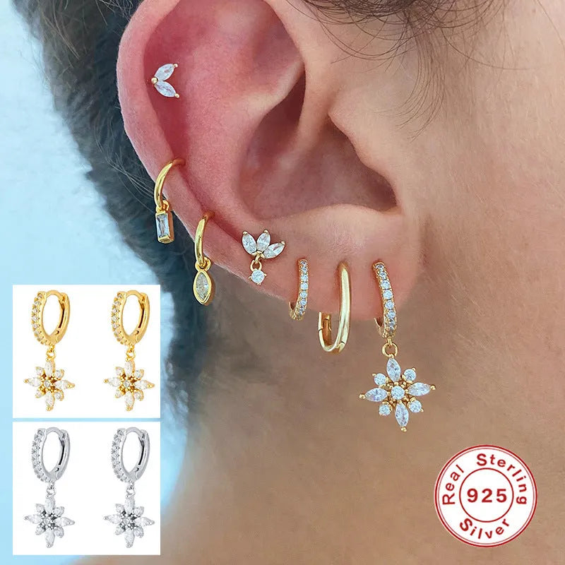Women's S925 sterling silver geometric snowflake pendant earrings with gemstone inlays