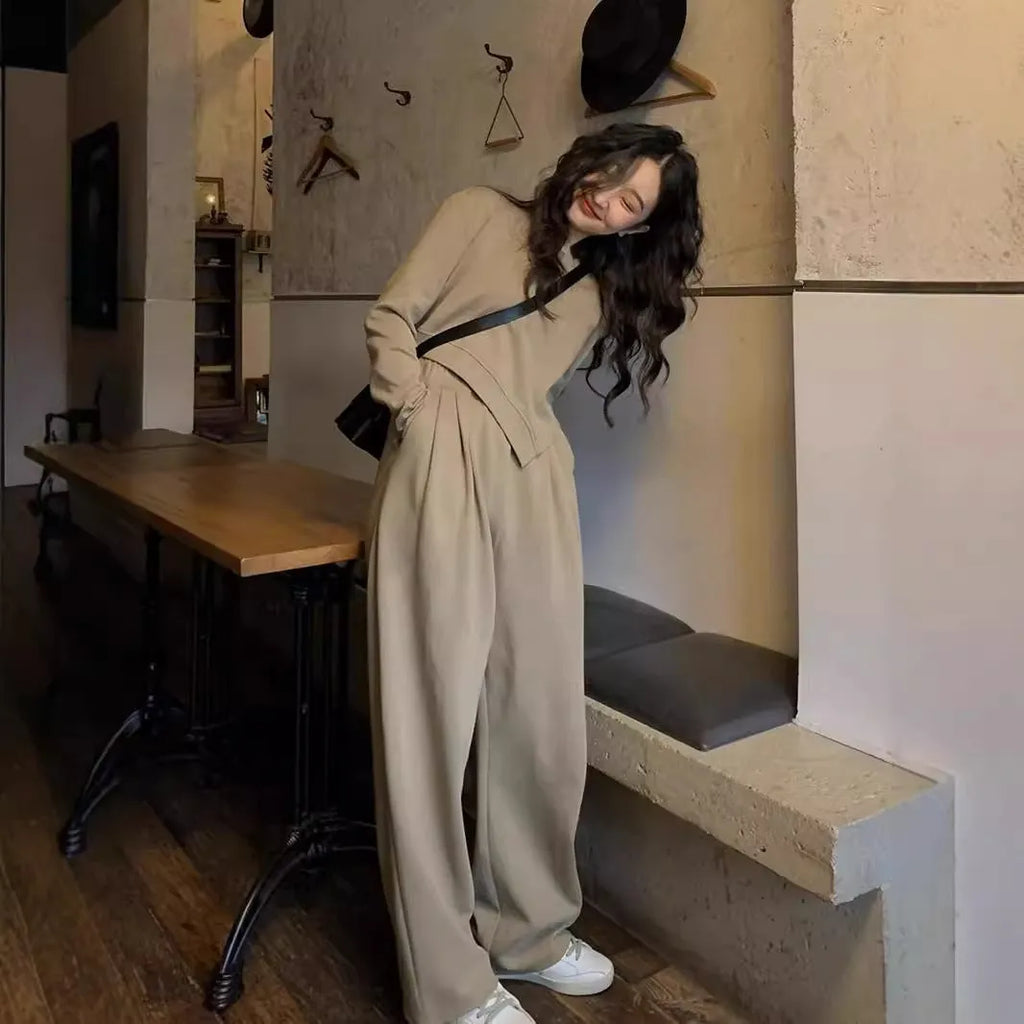 Women's casual sports suit set in khaki colour with loose fit top and trousers