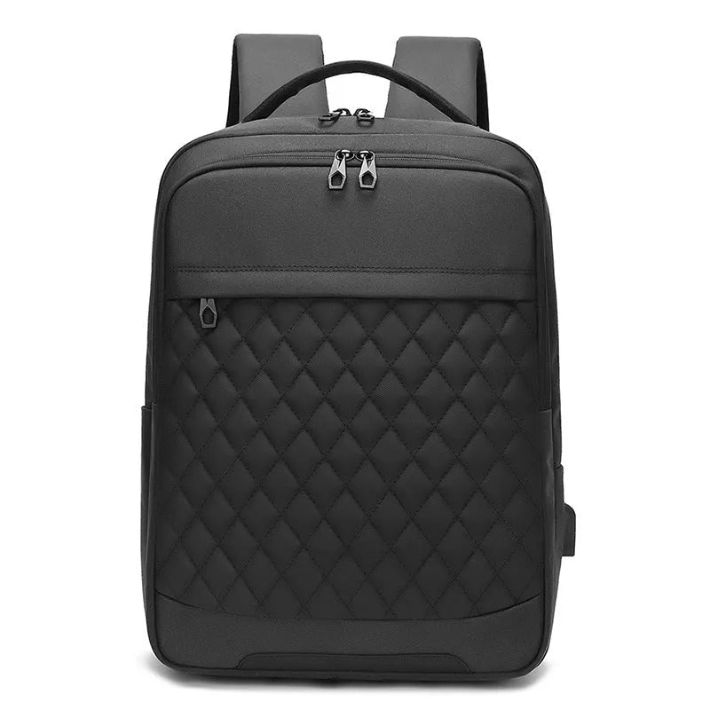 Men's black leisure travel backpack made from Oxford cloth with diamond mesh detail and curved shoulder straps