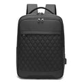 Men's black leisure travel backpack made from Oxford cloth with diamond mesh detail and curved shoulder straps