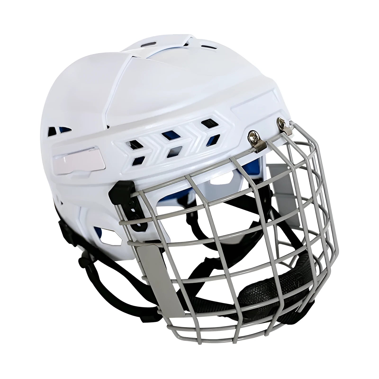 Ice hockey helmet with carbon steel face mask showing impact-resistant shell and cushioned lining