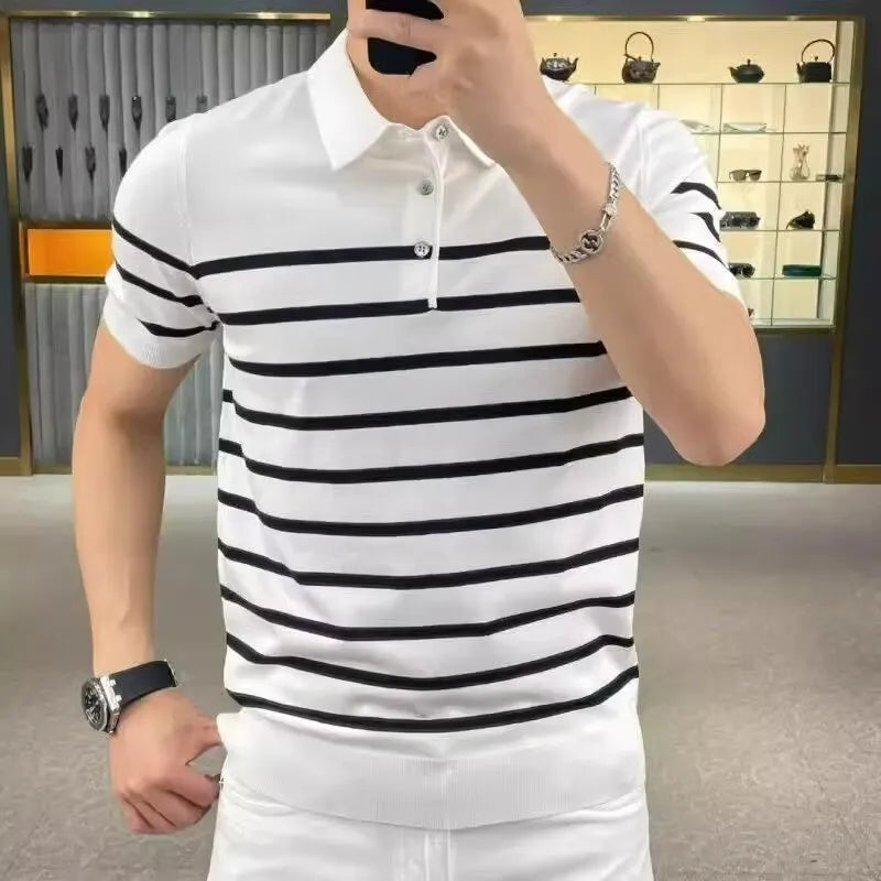 Black and white striped pullover t-shirt on a hanger