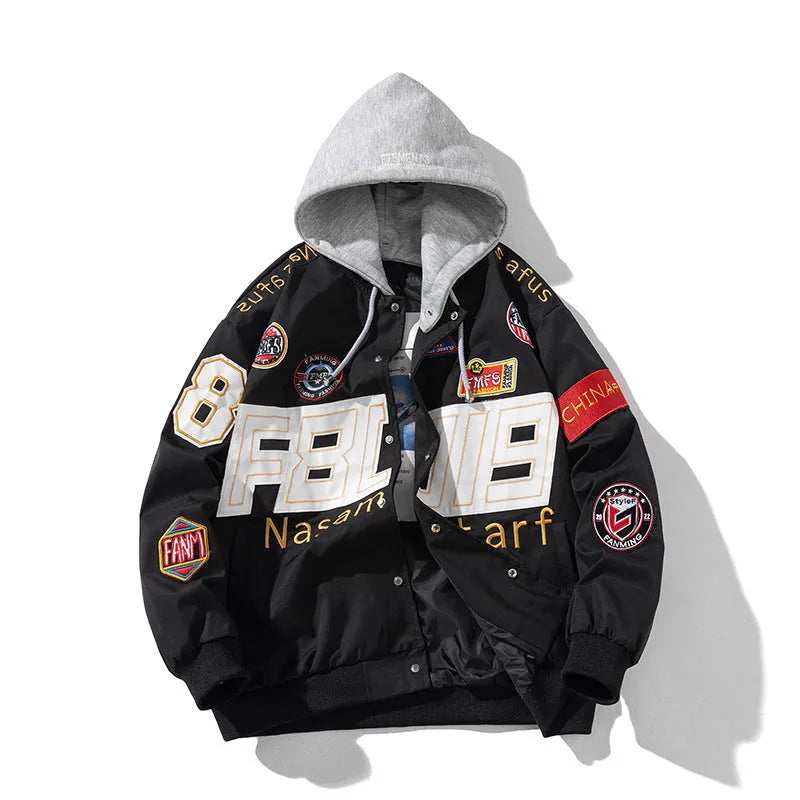 Black American motorcycle-style loose-fit baseball jacket with side seam pocket, shown as part of a couples uniform.