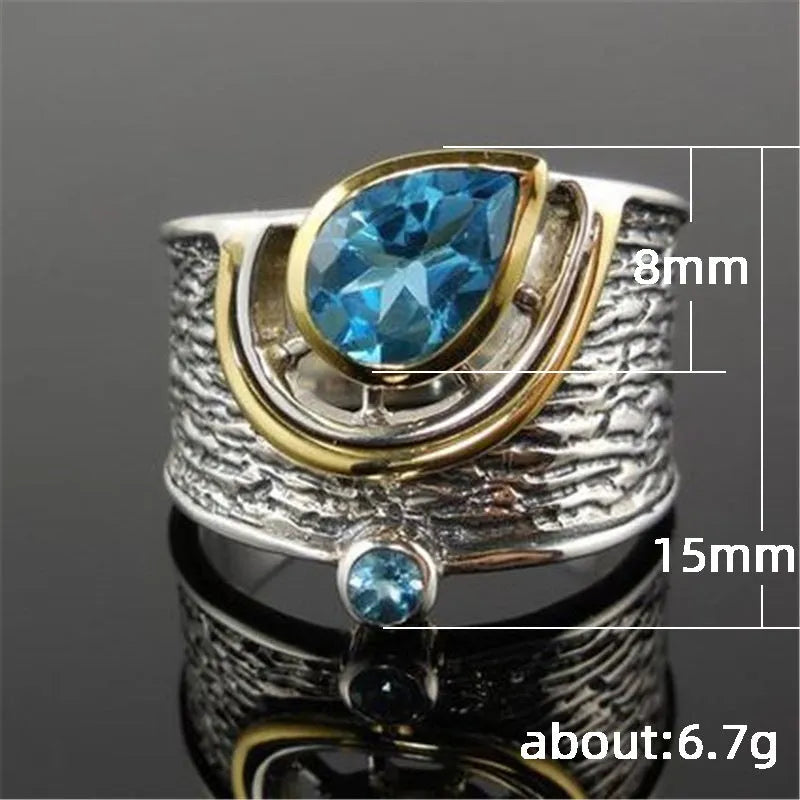 Blue alloy women's ring with Chinese style drop shape design and inlaid zircon rhinestone detailing