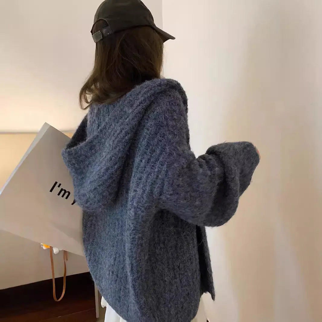 Women's dark grey retro-style hooded cardigan with a loose fit and thick fabric