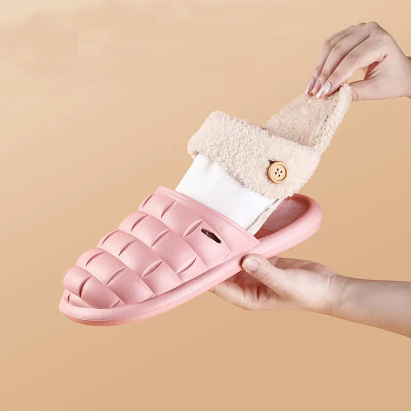 Plaid detachable EVA slippers for women with a plush lining and nonslip sole in pink, green, yellow, or white.