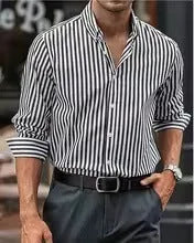 Men's striped loose-fit cardigan style long sleeve casual shirt in Khaki polyester fibre
