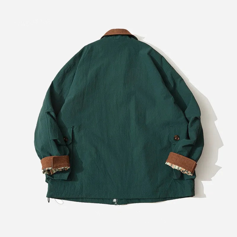 Green and apricot unisex casual jacket with long sleeves and side pockets