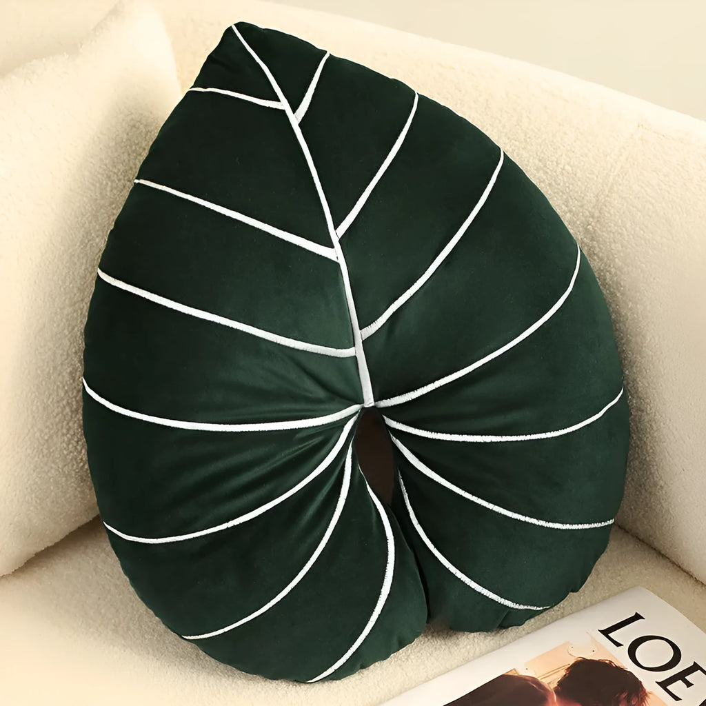 Green plant pillow with embroidered philodendron pattern on plush fabric, large size decorative cushion for home