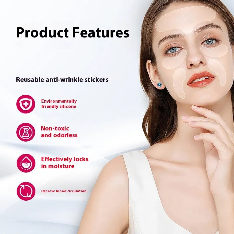 Five silicone anti-wrinkle face stickers with adhesive backing for wrinkle reduction