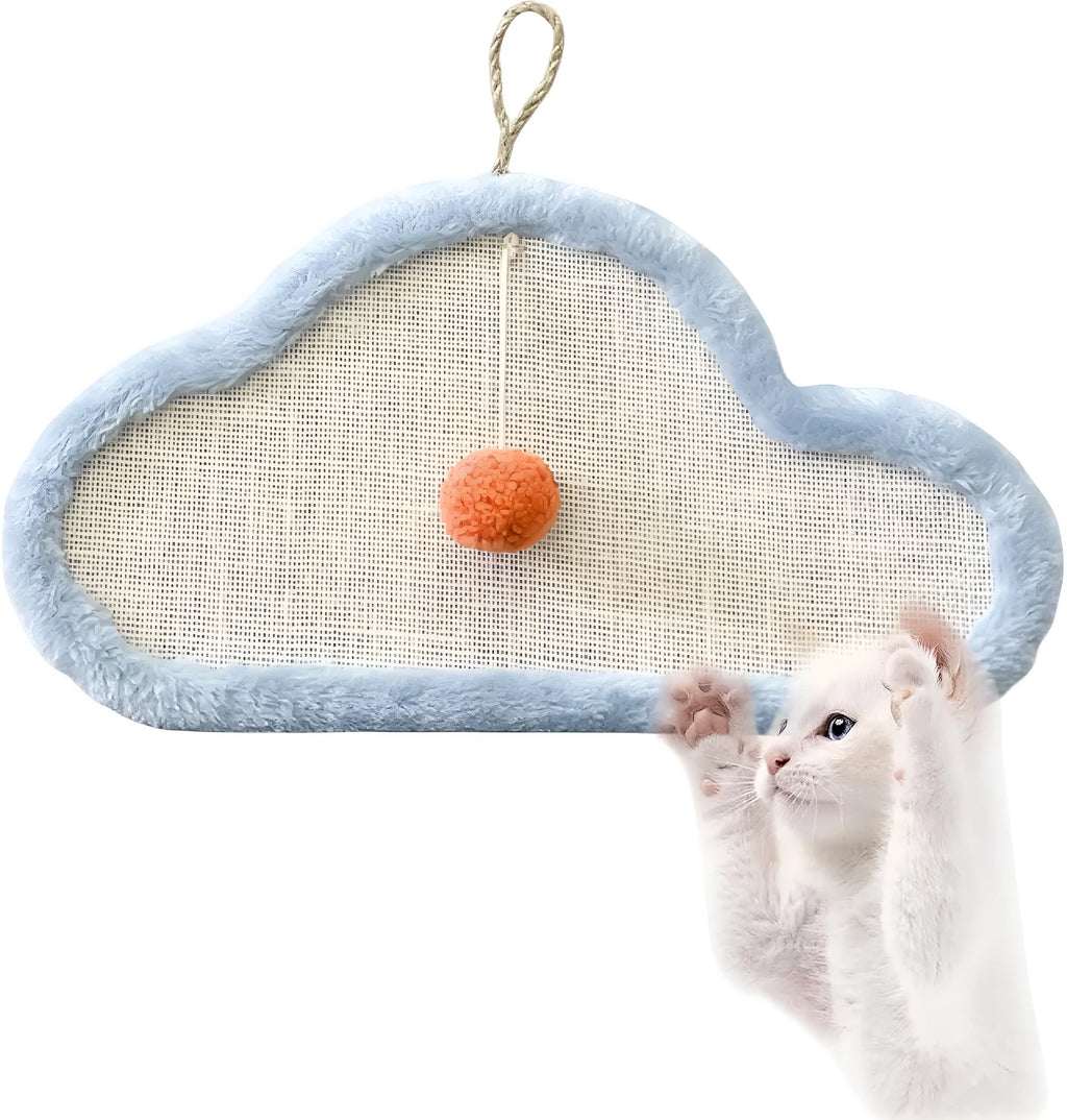 White wall-mounted cat scratching mat with sleeping cat pattern design made from natural sisal