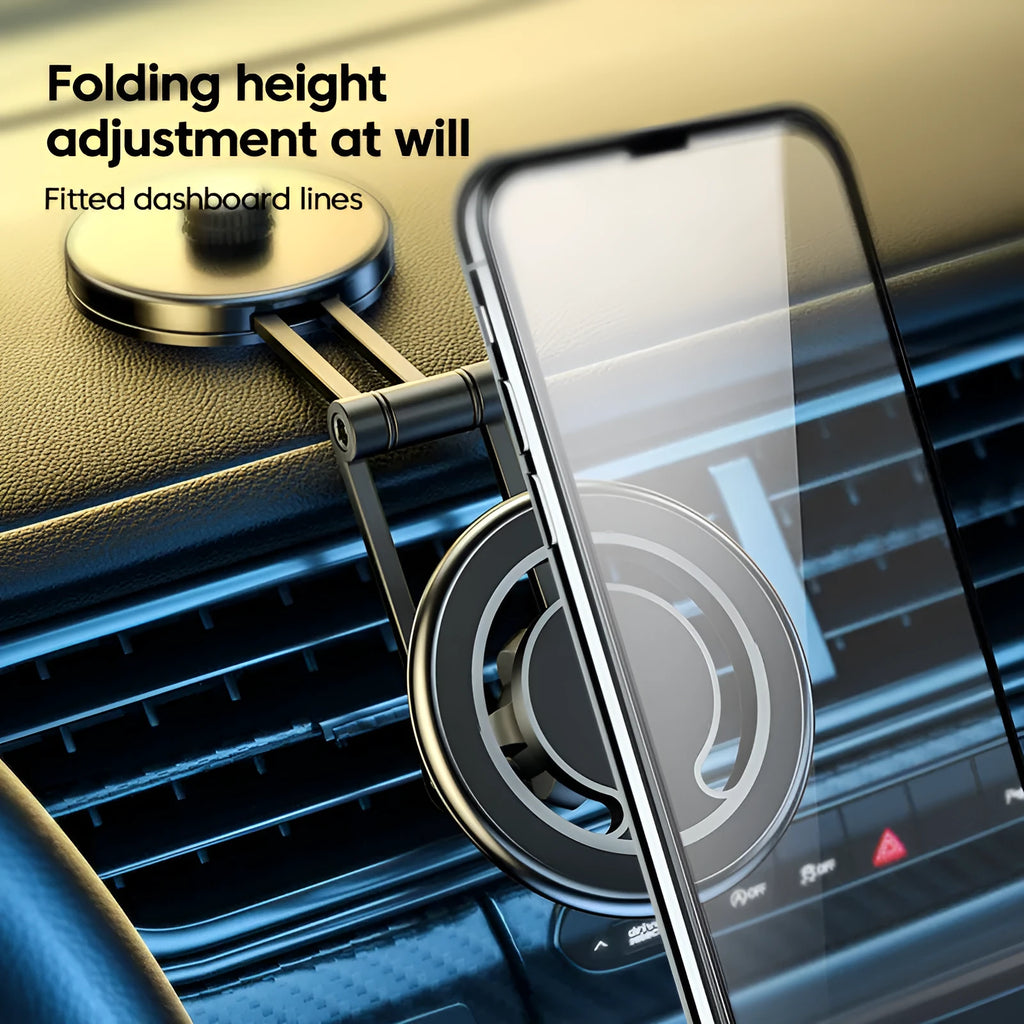 Telescopic folding car phone holder with magnetic mount on a car dashboard.