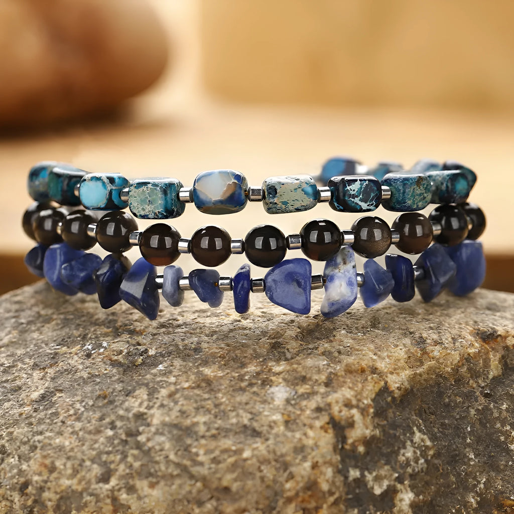 Female retro multi-layer hand woven crushed stone bracelet in blue with Fang Hui stone and gold Obsidian