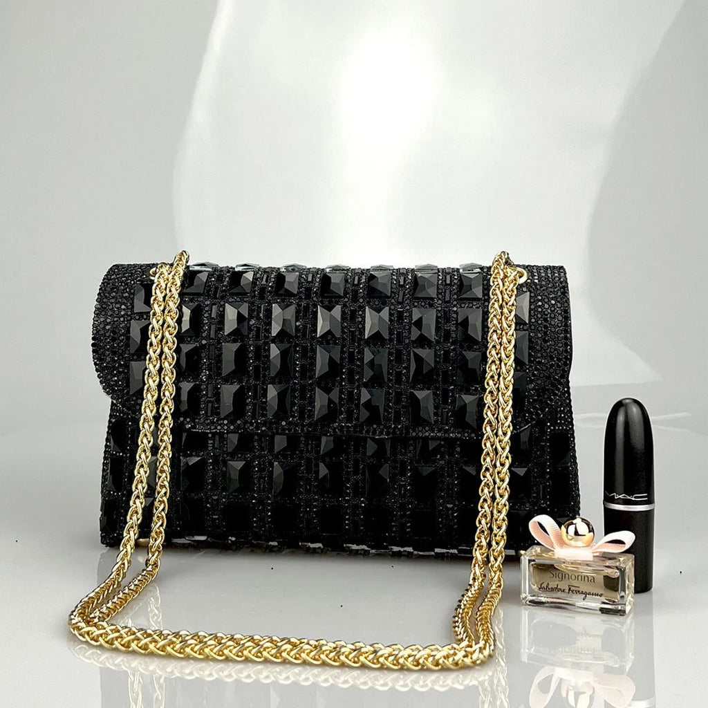 Shiny glass rhinestone chain clutch handbag in silver with open pocket and chain strap