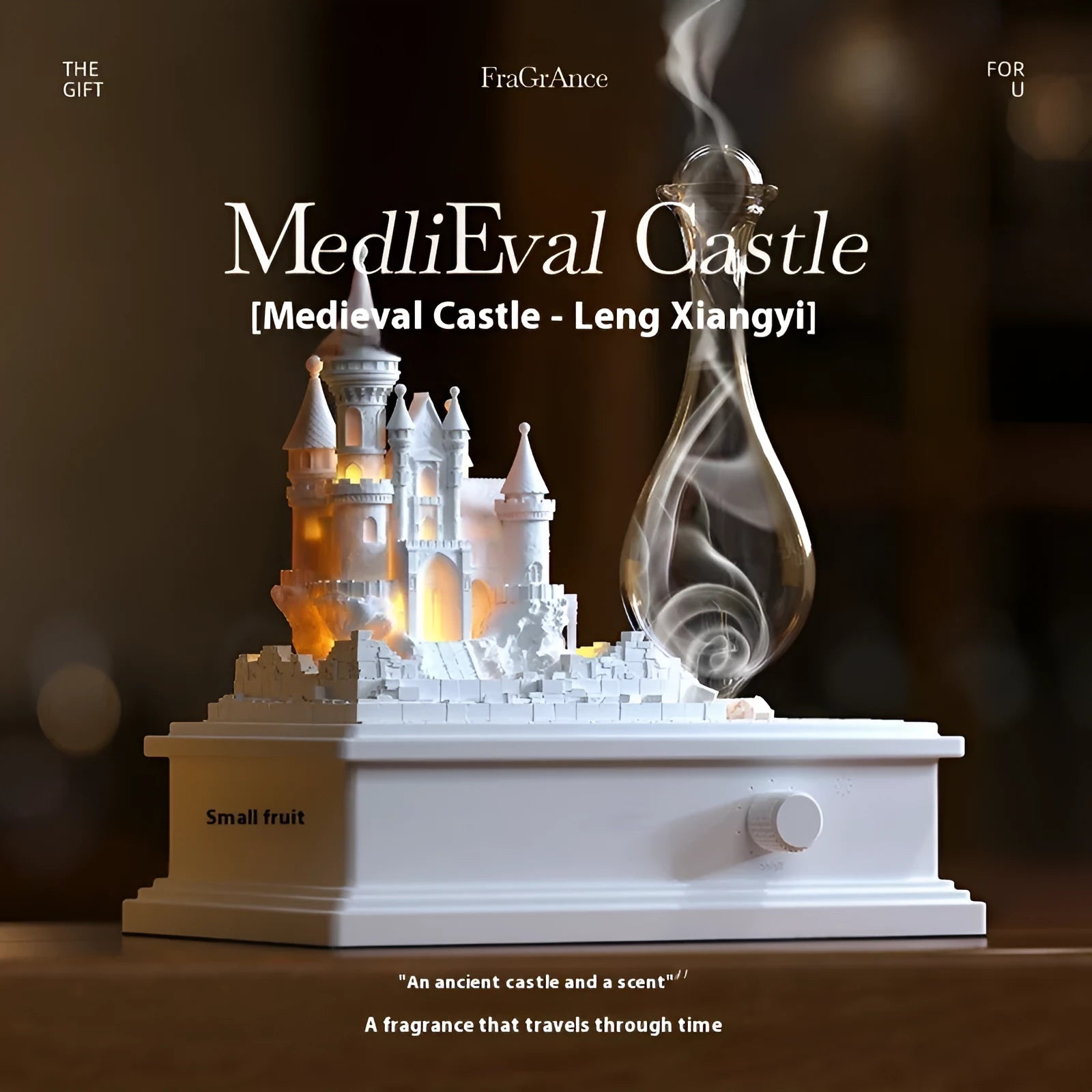 White medieval castle aromatherapy machine with USB charging and ambient light