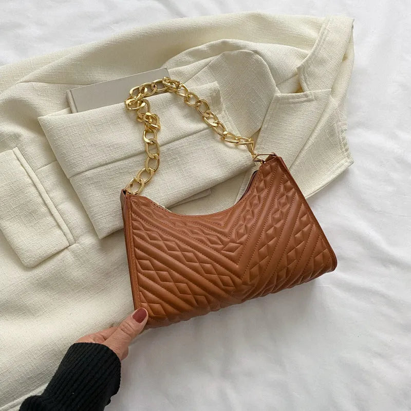 Brown PU leather pleated chain baguette shoulder bag with single strap showing vertical square shape