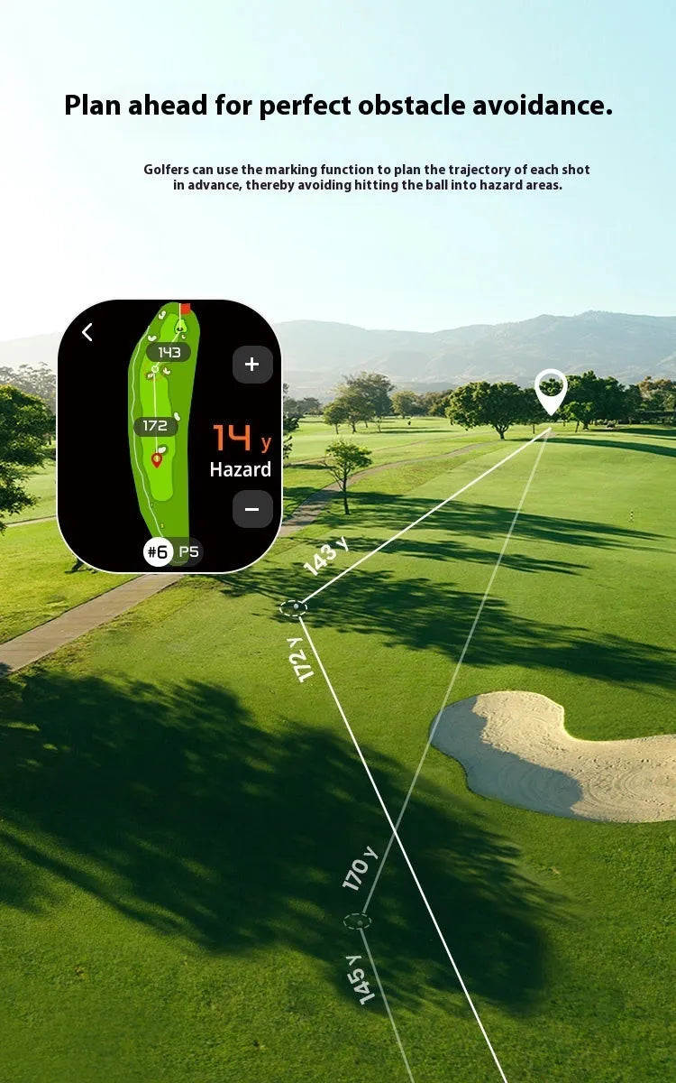GenePro G1 black golf GPS rangefinder with AMOLED touchscreen showing distance measurement display