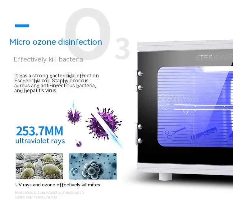 Small silver ultraviolet steriliser cabinet with stainless steel interior for salon tools.