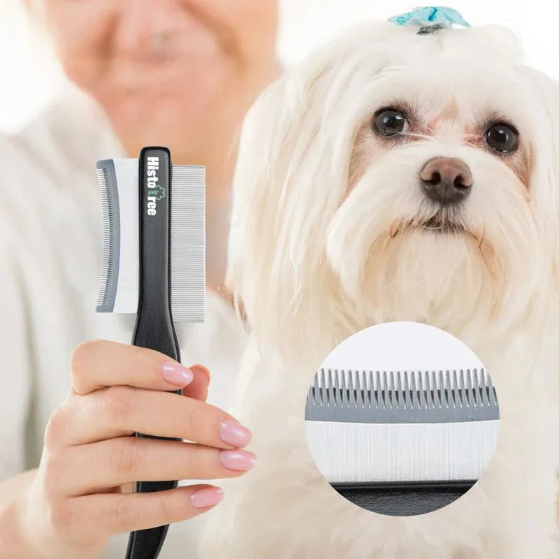 Double-sided stainless steel pet deshedding comb with wood handle for cat or dog grooming, black colour