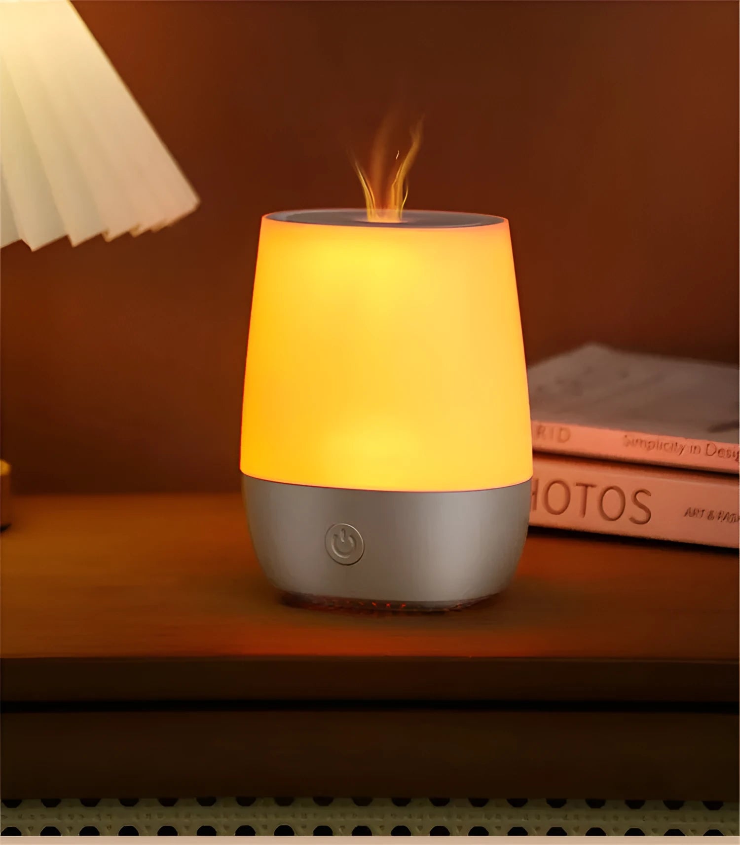 White USB aroma diffuser with simulated flame effect showing compact design and Type-C port